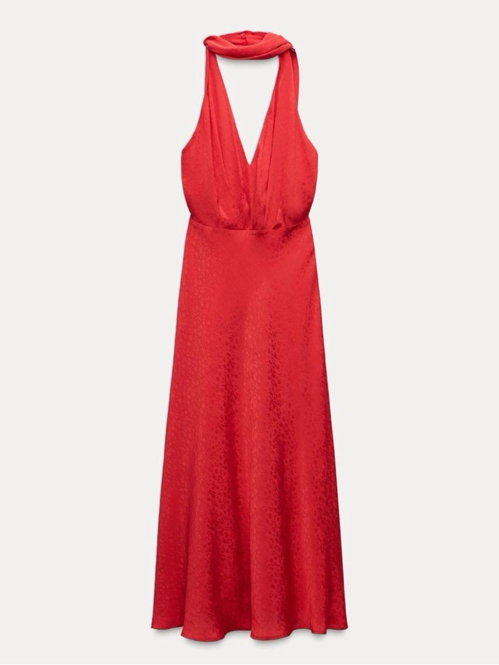 Zara floral jacquard v-neck halter red long dress with tie sz.S - Picture 3 of 16